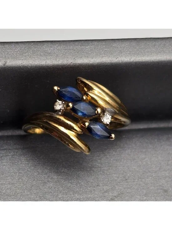 10k Gold Ring Size 7 3 Marquise Sapphire & 2 Diamond Accents Signed Cardow - Picture 10 of 16